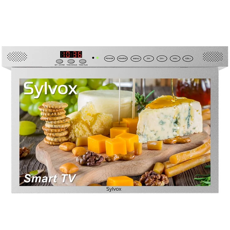 SYLVOX 15.6" Kitchen TV, 1080P FHD Under Cabinet TV, Flap Down Smart Android TV Built-in Google Play, Support Google Assistant WiFi Bluetooth Connection (Silver)