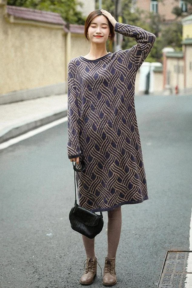 Vintage Loose Blue Sweater Dresses Women Causal Winter Clothes