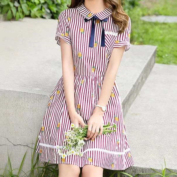 Red/Navy Collared Pineapple Stripped Dress SP1710382