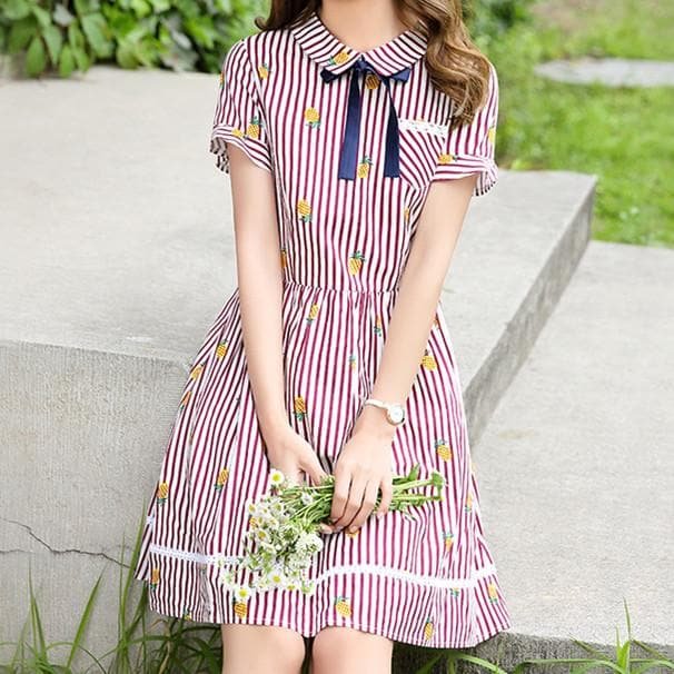Red/Navy Collared Pineapple Stripped Dress SP1710382