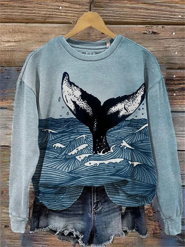 Women's Whale Tale Sea Wave Art Printed Comfy Sweatshirt