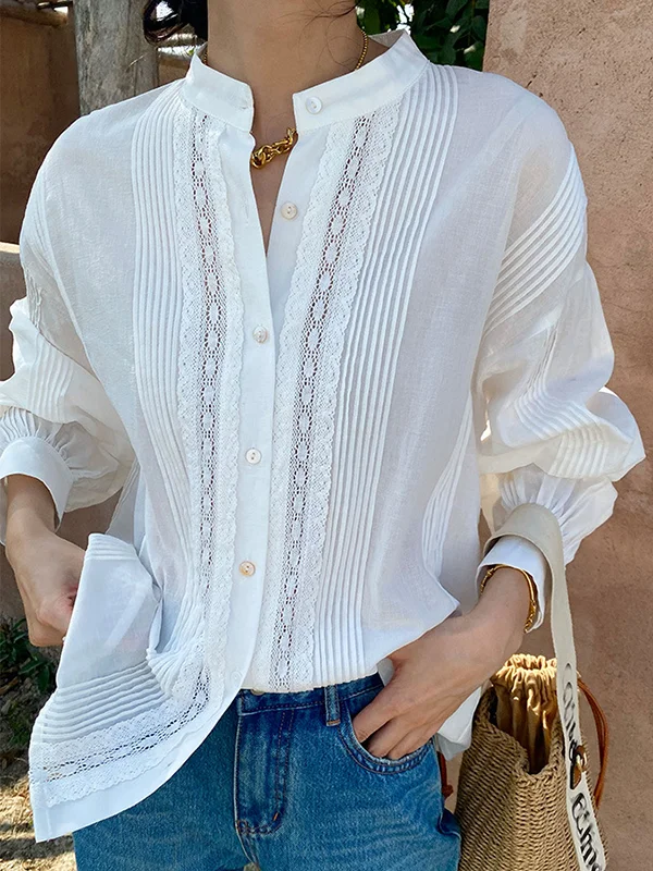 Buttoned Pleated Solid Color Split-Joint Long Sleeves Loose Stand Collar Blouses&Shirts Tops