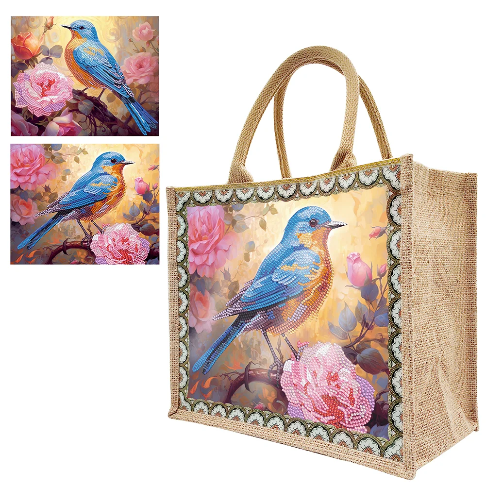 Linen Diamond Painting Tote Bag Replaceable Canvas for Women (Flowers and Bird)