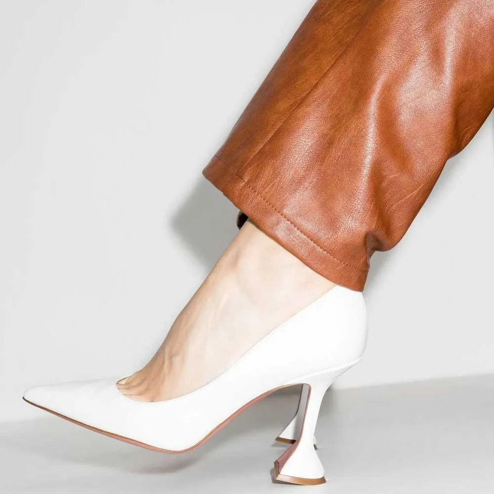 White Vegan Leather Pointed Toe Elegant Pumps With Flared Heels Nicepairs