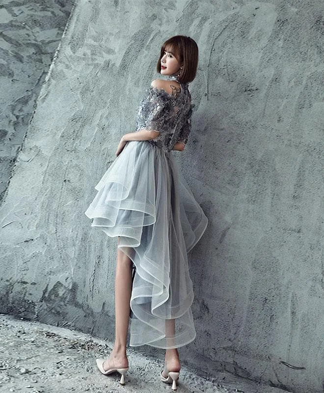 Gray Tulle Lace Applique High Low Prom Dress, Gray Homecoming Dress