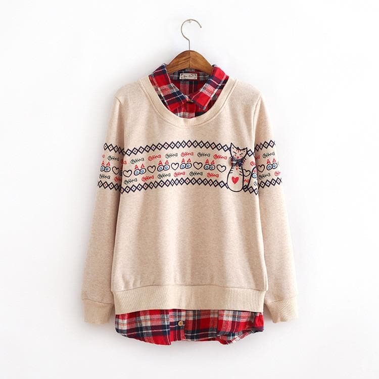 Beige/Navy Mori Girl Fake 2 Pieces Grids Shirt SP154077