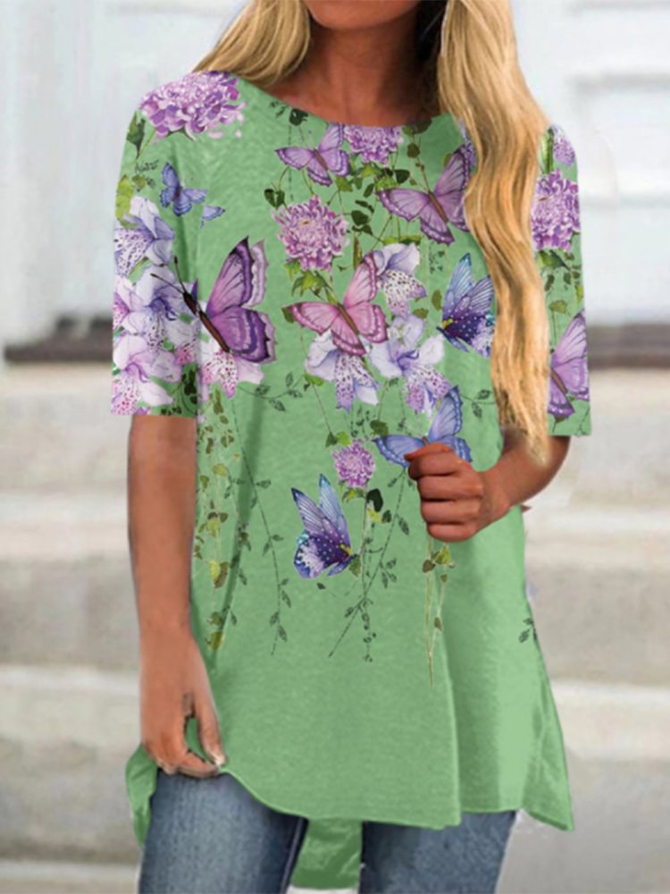 Butterfly Print Round Neck Short Sleeve T Shirt P181001304