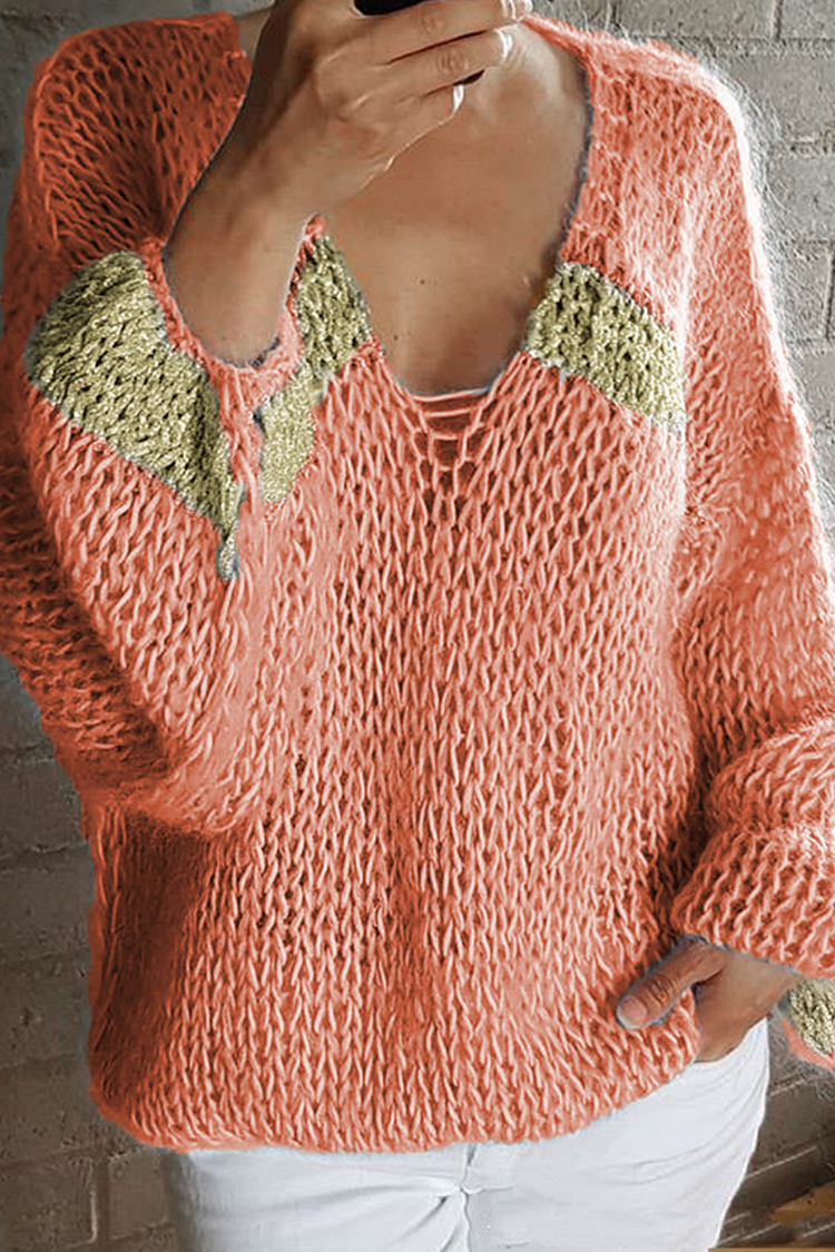 Casual Patchwork Contrast V Neck Tops(4 Colors) - Life is Beautiful for You - SheChoic