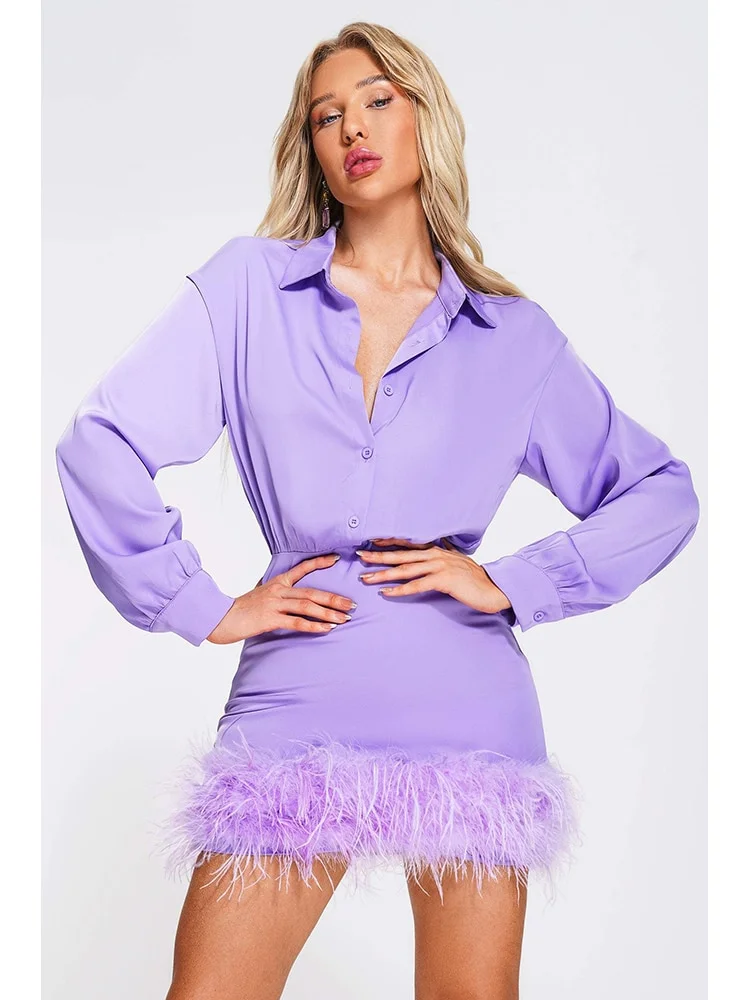 Women Lapel Collar Long Sleeve Feathers Mini Dress Elegant Purple Orchid Feather High Waist Bodycon Dress Evening Club Party
