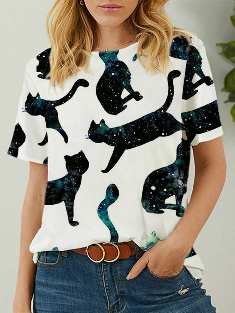 Cartoon Cat Print O neck Short Sleeve Women Casual T Shirt P1847383