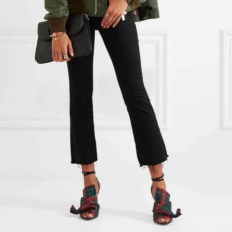 Red and Green Plaid Stiletto Heels Slingback Ankle Strap Sandals |FSJ Shoes