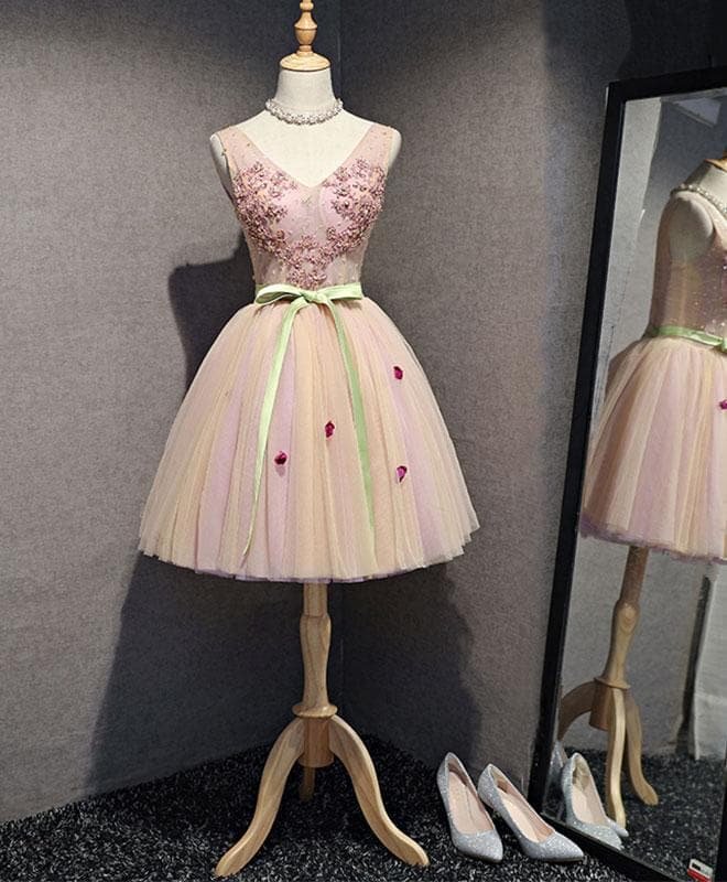 High Quality Pink V Neck Tulle Short Prom Dress, Homecoming Dress