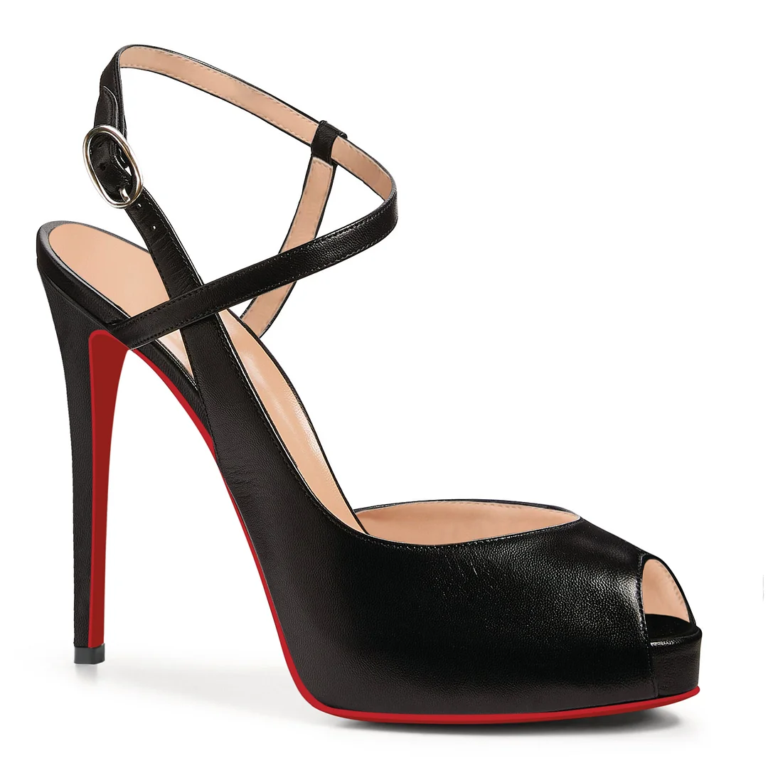 120mm Women Slingback Matte Pumps Ankle Strap Stiletto Peep Toe Dress Red Bottoms Shoes-vocosishoes