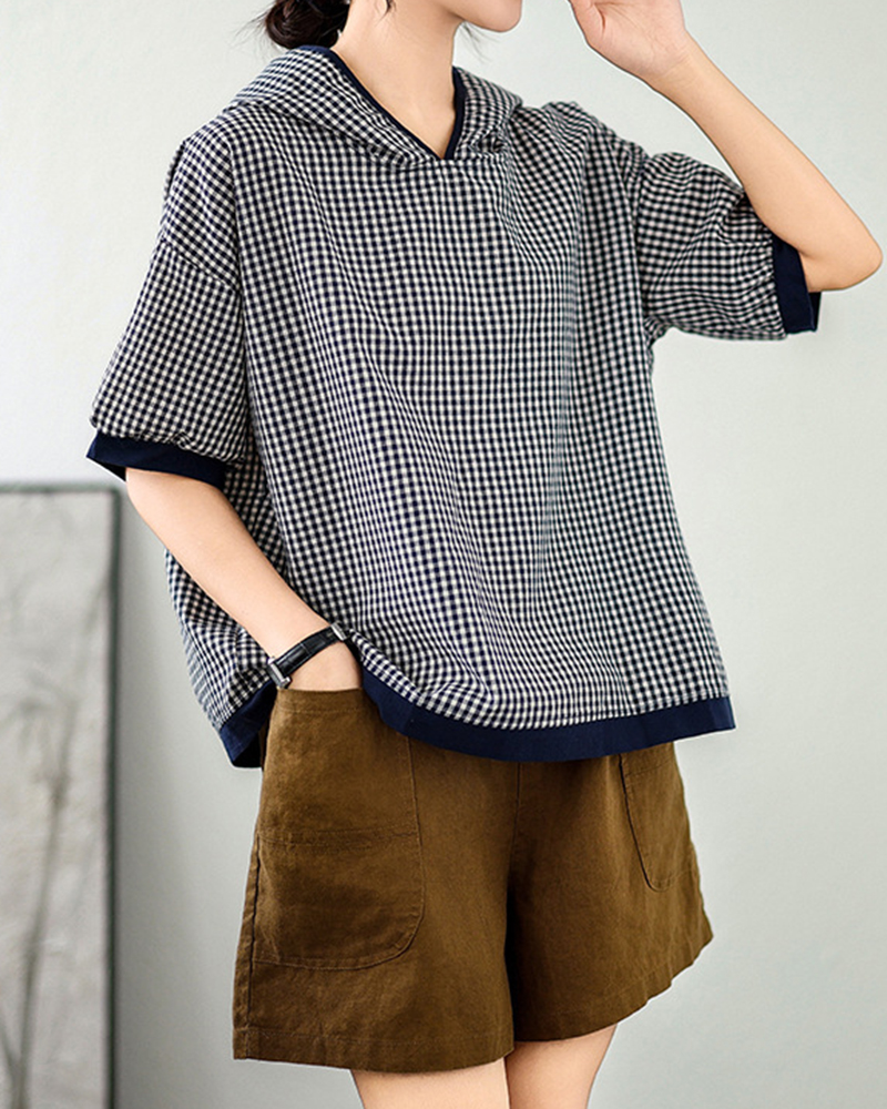 Checkered Short Sleeve Loose Vintage Hoooded Top