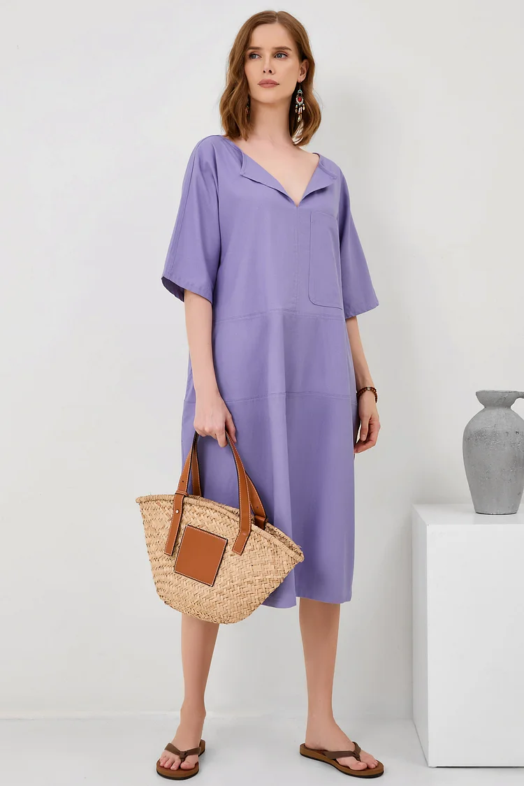 Fashion V-Neck Loose Pocket Mid-Sleeve Mid-Sleeve Cotton Linen Dress[ Pre Order ]