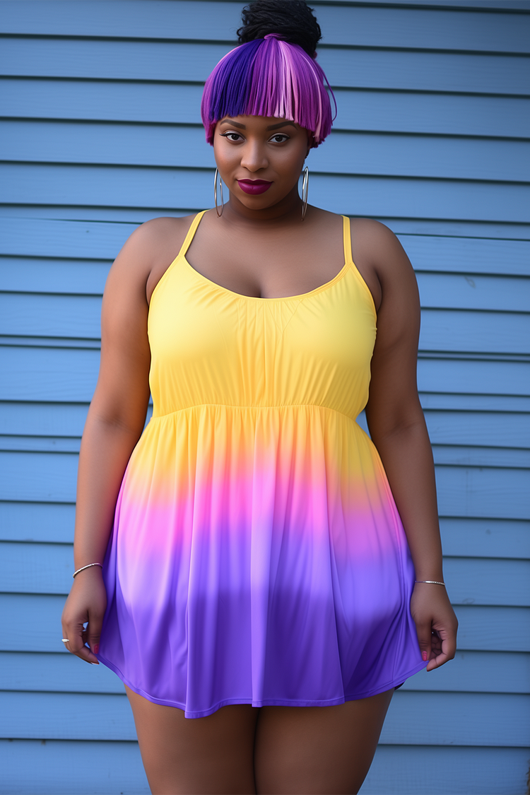Xpluswear Design Plus Size Beach Rainbow Gradient Ruffled Fold Swimsuit Fabric Swimwear Dress [Pre-Order]