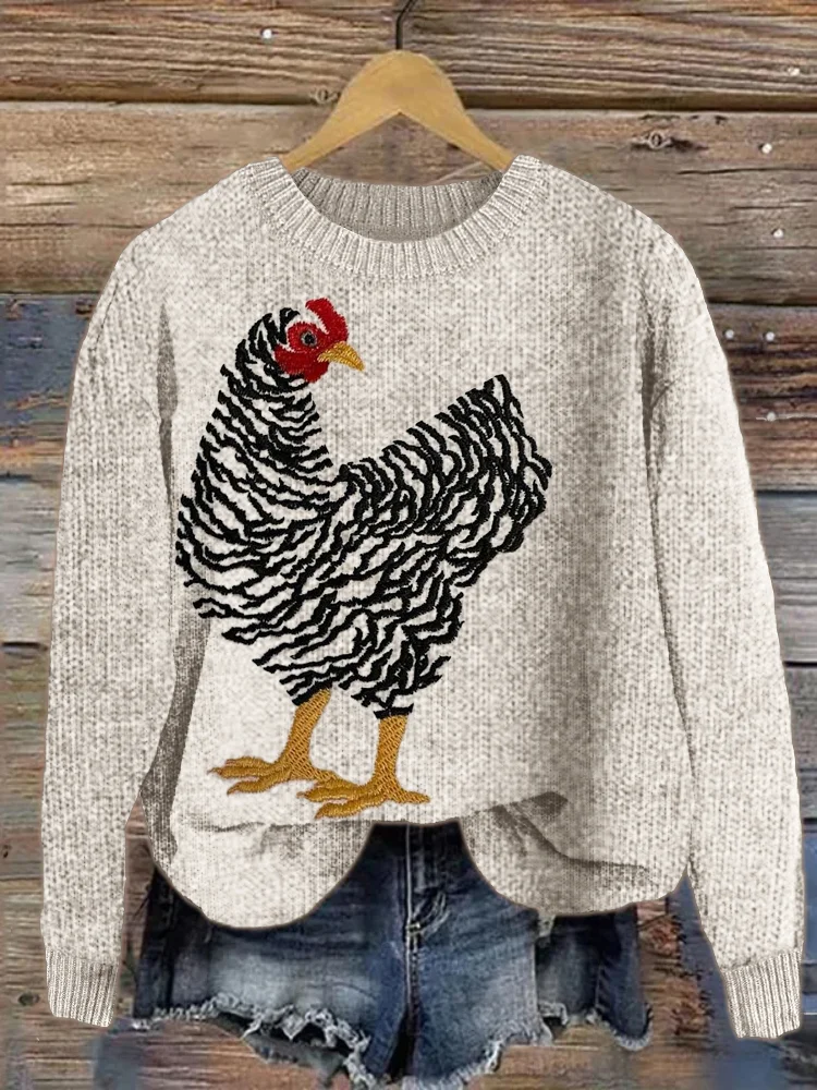 Reed Chicken Embroidery Art Cozy Knit Sweater
