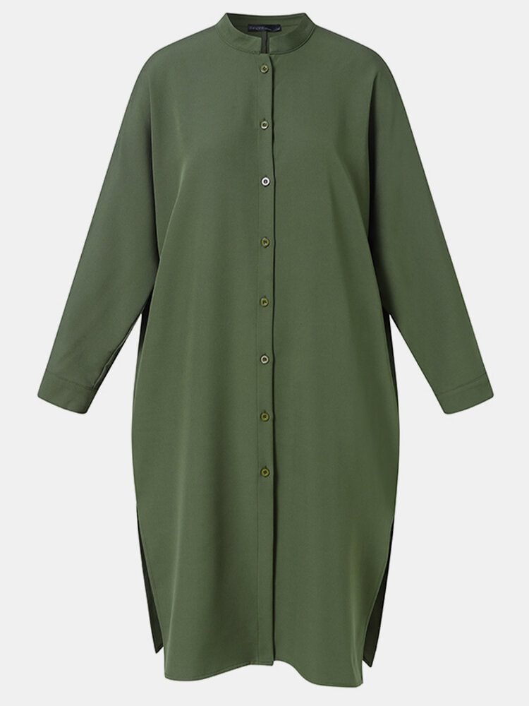 Women Solid Color Stand Collar Pocket Button Long Sleeve Blouse P1796031