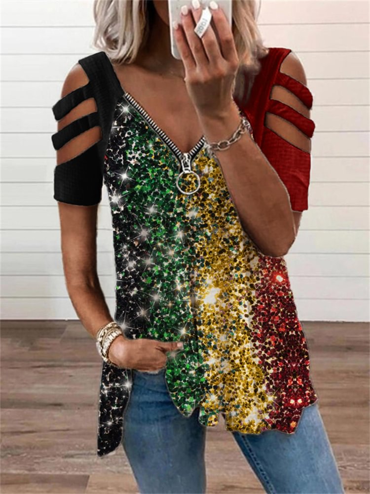 Black Pride Glitter Hollow Shoulder T Shirt