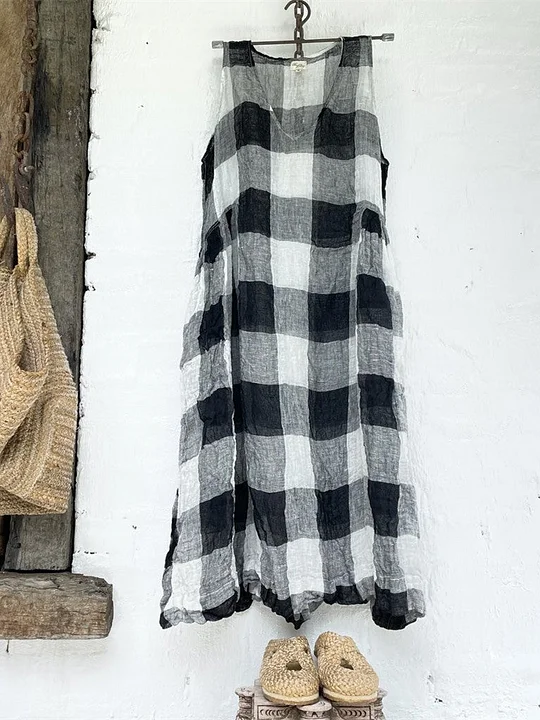 Classic Black White Grey Plaid Print Sleeveless Linen Dress
