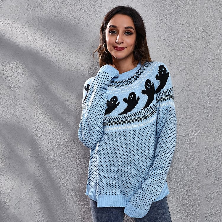 Halloween Crewneck Ghost Polka Dot Knitted Sweater-Light Blue