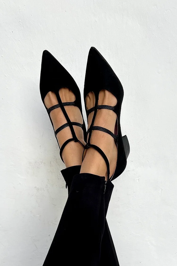 Multi Cross Straps Solid Color Pointy Toe Black Chunky Heels