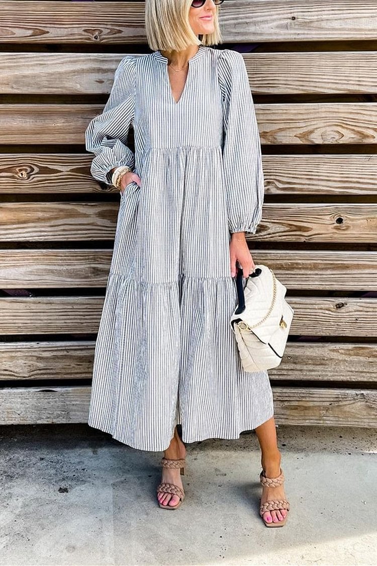 Casual Striped V Neck Long Dress Dresses - Life is Beautiful for You - SheChoic
