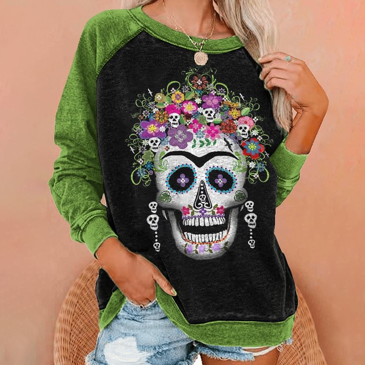 Vefave Casual Floral Skull Print Sweatshirt