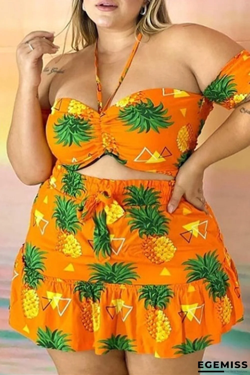 Yellow Fashion Sexy Print Backless Strapless Plus Size Two Pieces | EGEMISS