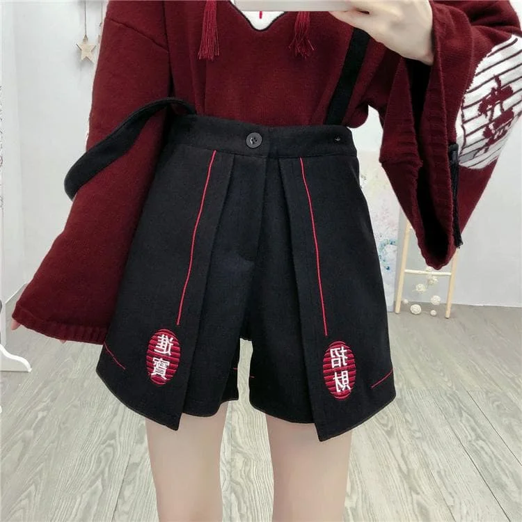 Black Fox Fairy High Waist Woollen Suspenders Shorts SP14586