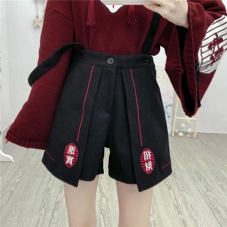 Black Fox Fairy High Waist Woollen Suspenders Shorts SP14586