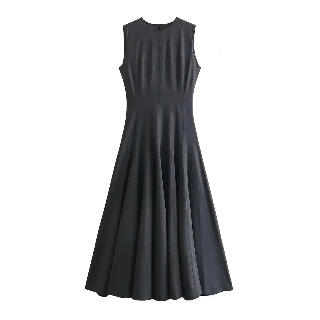 Tlbang Spring 2024 Women Dark Gray Sleeveless Dress O Neck A-line Pleats Sexy Elegant Ladies Long Dresses
