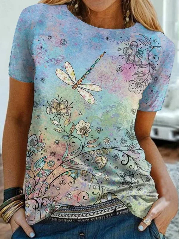 Dragonfly And Flowers Printed Casual Tee