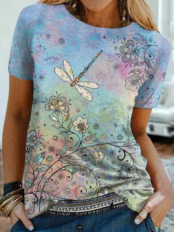 Dragonfly And Flowers Printed Casual Tee