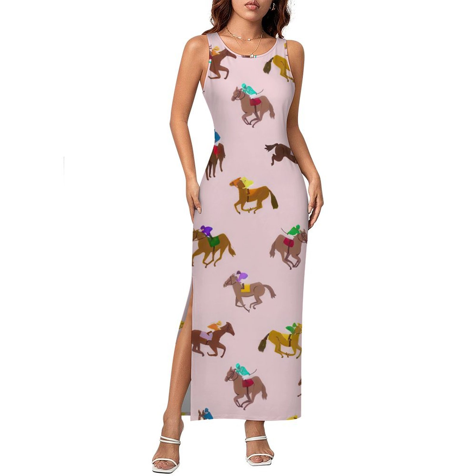 Jockey Silks Horse Racing Print Navy Blue Women Side Slit Tank Dresses Sleeveless Maxi Dress Jockey-S