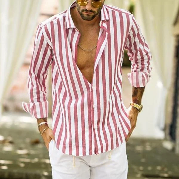 Cotton And Linen Striped Long-sleeved Casual Mens Shirt