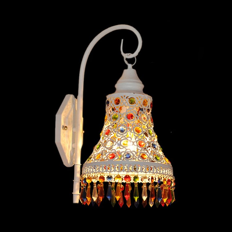 Bell Metal Wall Sconce Light Decorative 1 Bulb Corridor Wall Mount Lighting in White with Dangling Crystal