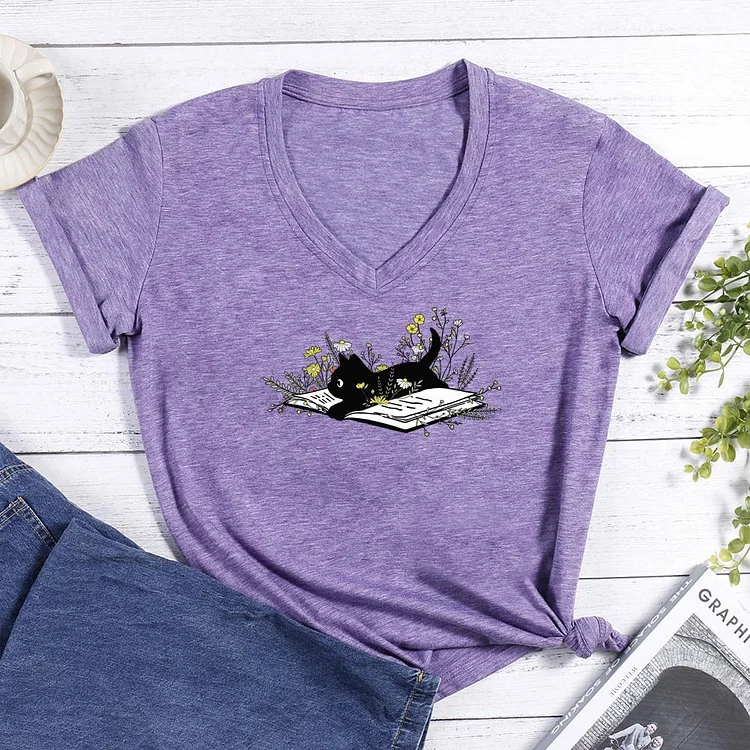 Book Cat And Flowers V-neck T Shirt-014966