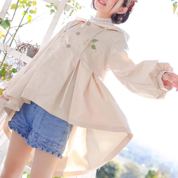 Beige Harajuku Flower Embroidery Coat SP1811993