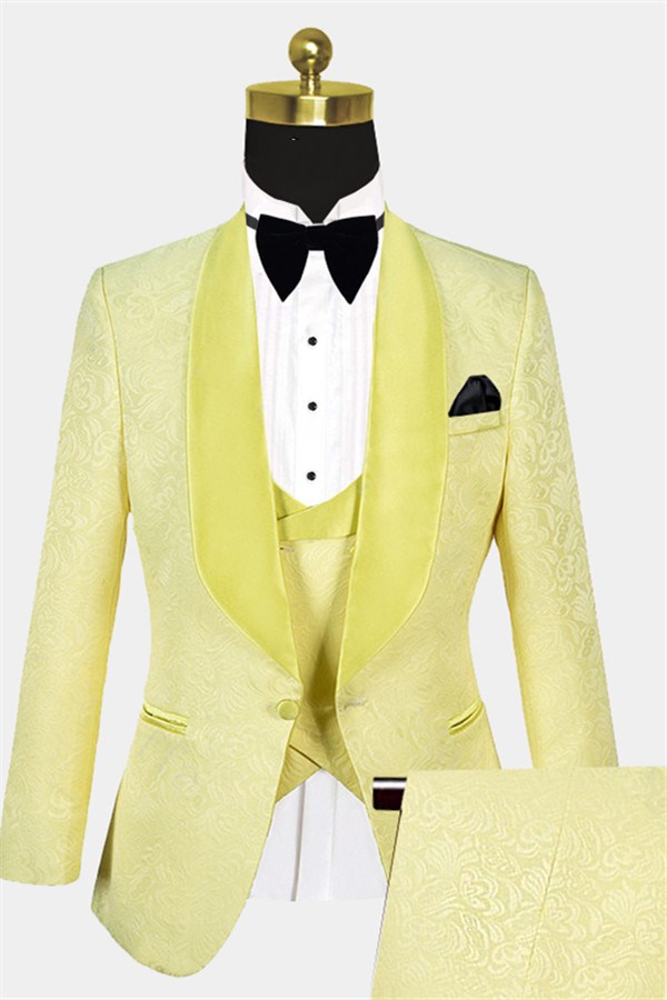 Dresseswow Three Pieces Shawl Lapel Morning Suit Yellow Jacquard