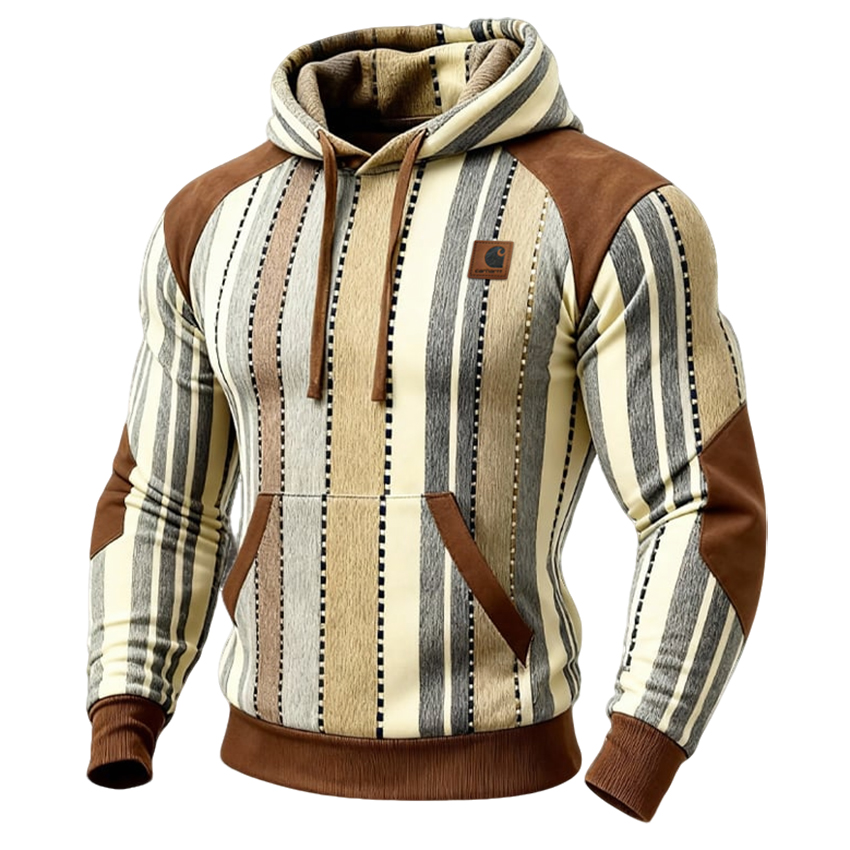 Men's Retro Color Block Print Casual Hooded Sweatshirt