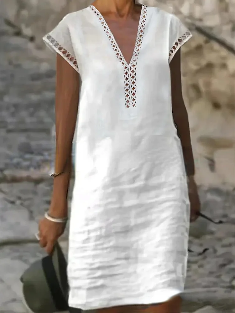 2023 Hot Sale Solid Color Short Sleeve Lace Stitching Casual Dress VangoghDress