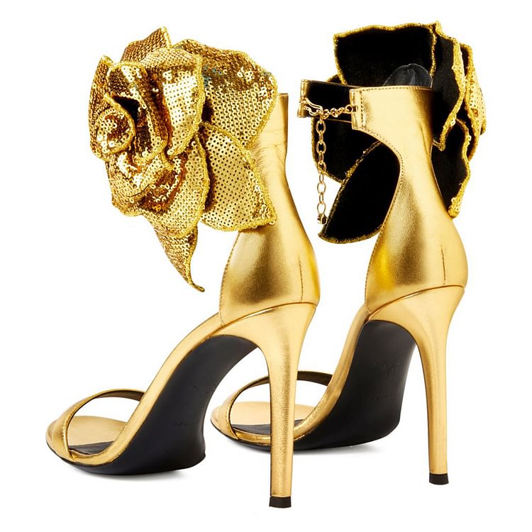 Gold Flower Embellished Evening Shoes Ankle Strap Sandals |FSJ Shoes