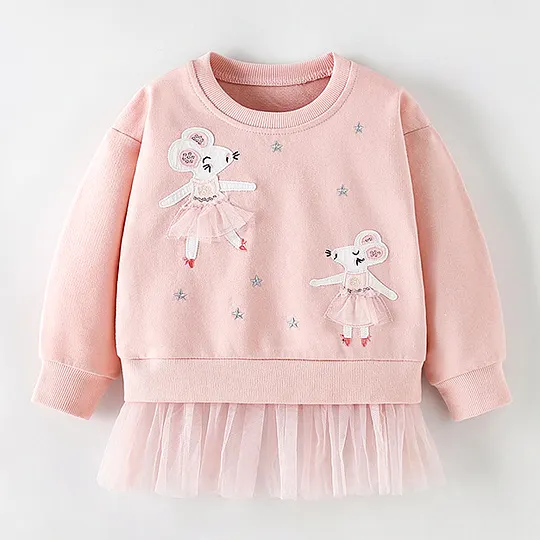 【18M-8Y】Girls Fashion Sweet Cartoon Mouse And Star Embroidered Pink Sweatshirt