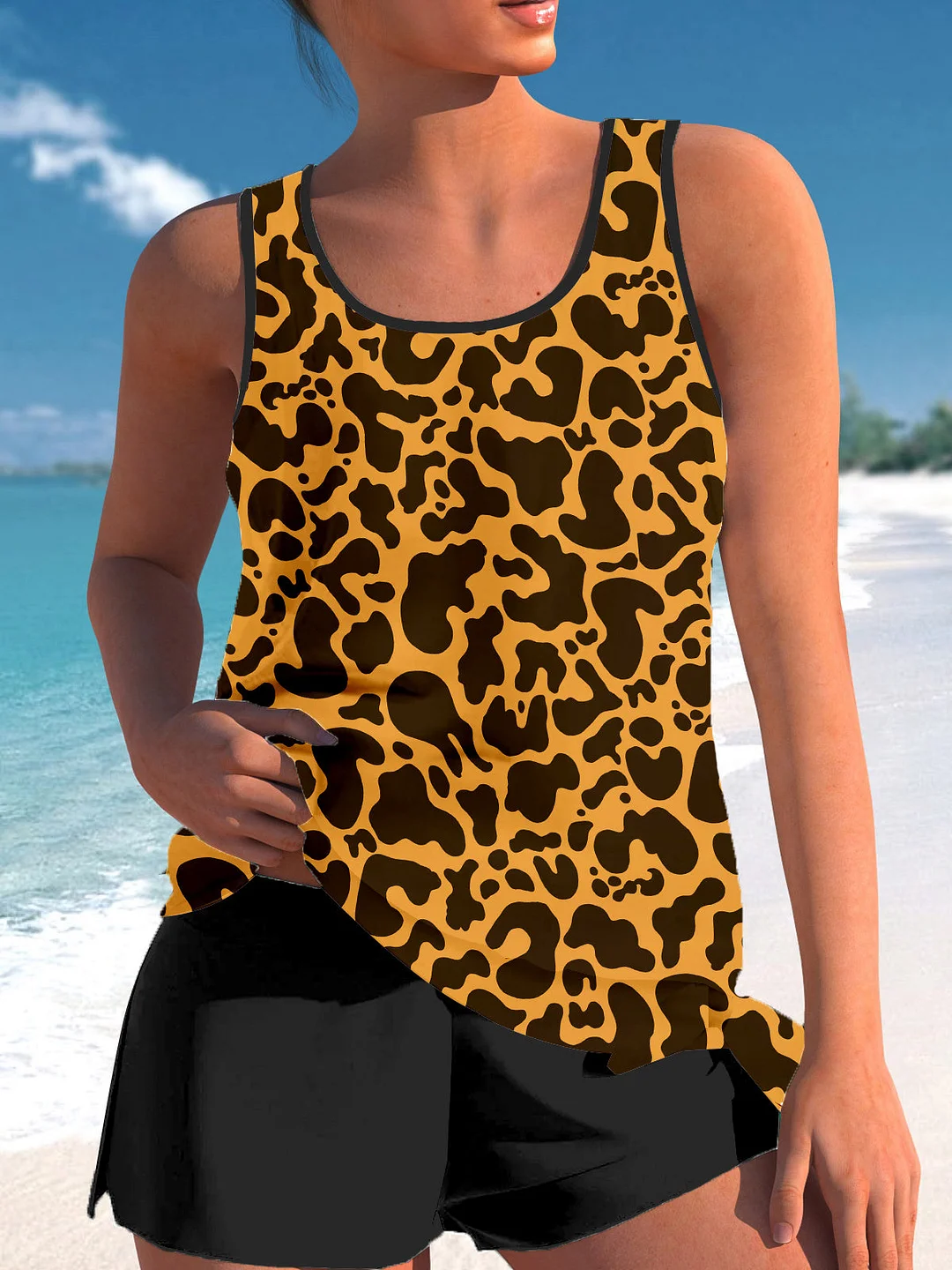 BowknotCoffee Leopard Printed Graphic Mid Waisted Tankini Set - Plus Size Available