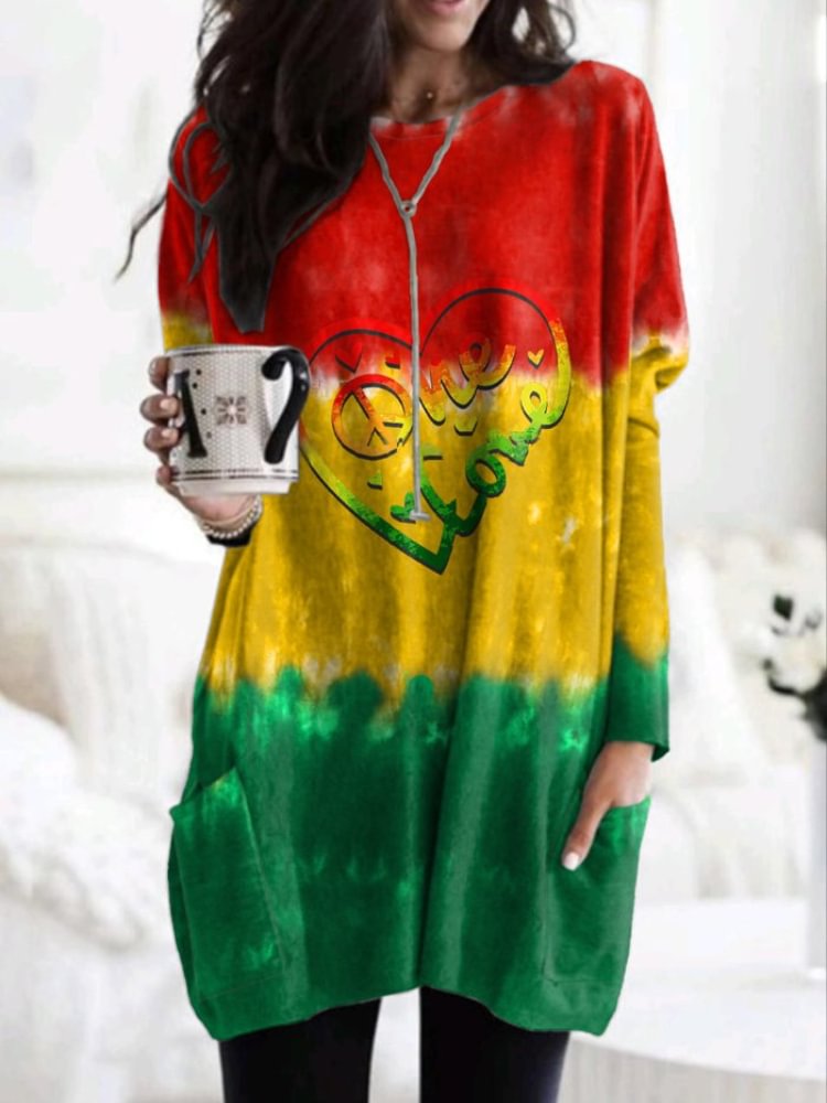 One Love Print Casual Long Sleeve Crewneck Tunic