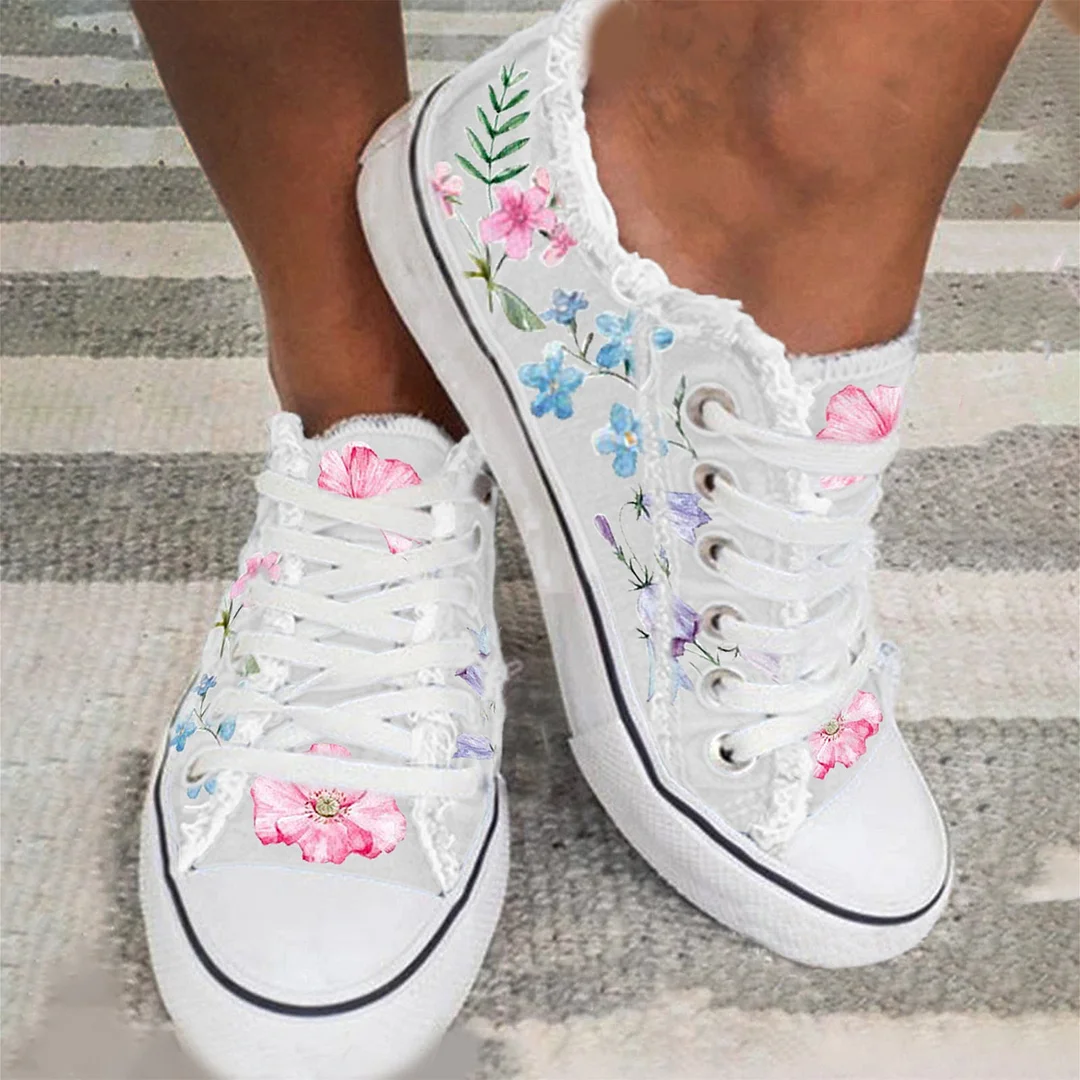 Women's Graphic Printed Shoelaces Round Toe Flat Heel Casual Shoes
