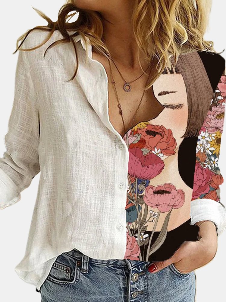 Girl Sunflower Printed Long Sleeve Turn down Collar Patchwork Blouse For Women P1729122