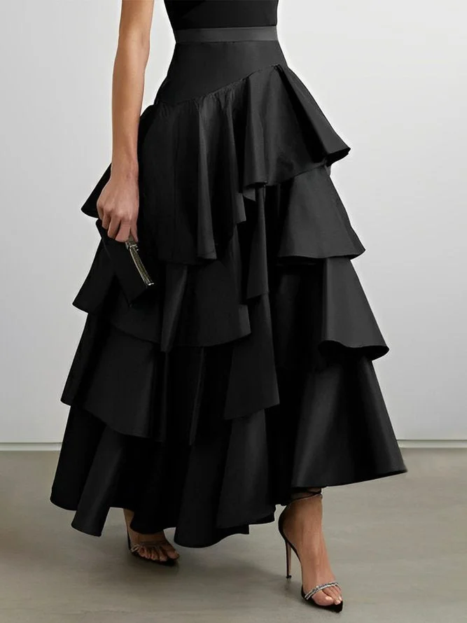 Stylish Black High Waisted A-Line Multi Layers Falbala Skirt