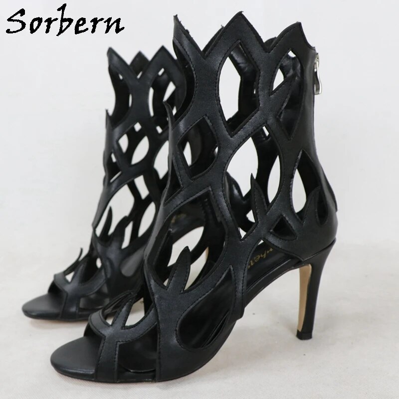 VCSHOES Black Matte Back Zipper High Heel Sandals Hollow Out Stilettos 9Cm Shoes Custom Unisex Shoes Multi Colors